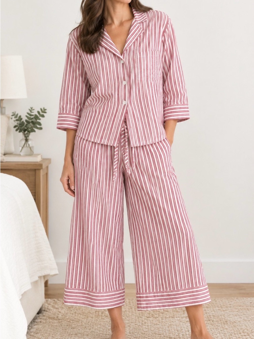 Petite Plume women’s Red & White Striped Button Pajama Set. B2